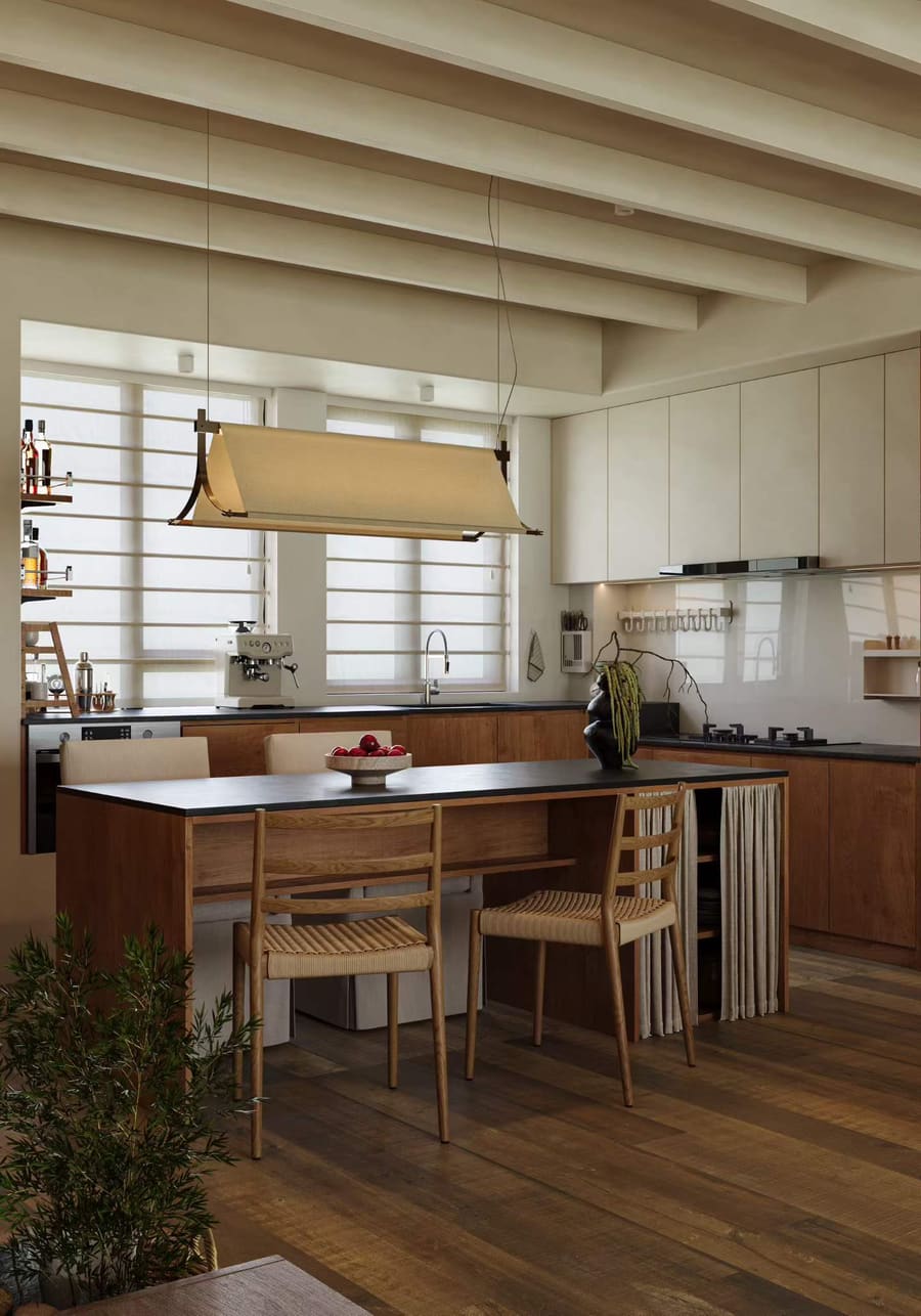 Modern Open-Plan Living & Dining — Warm Oak + Neutral Palette