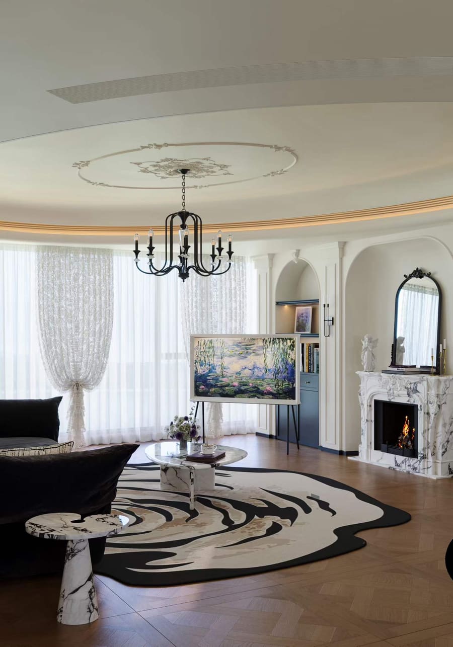 Classic Hepburn-Inspired Living Room — Elegant Moldings + Soft Curtains