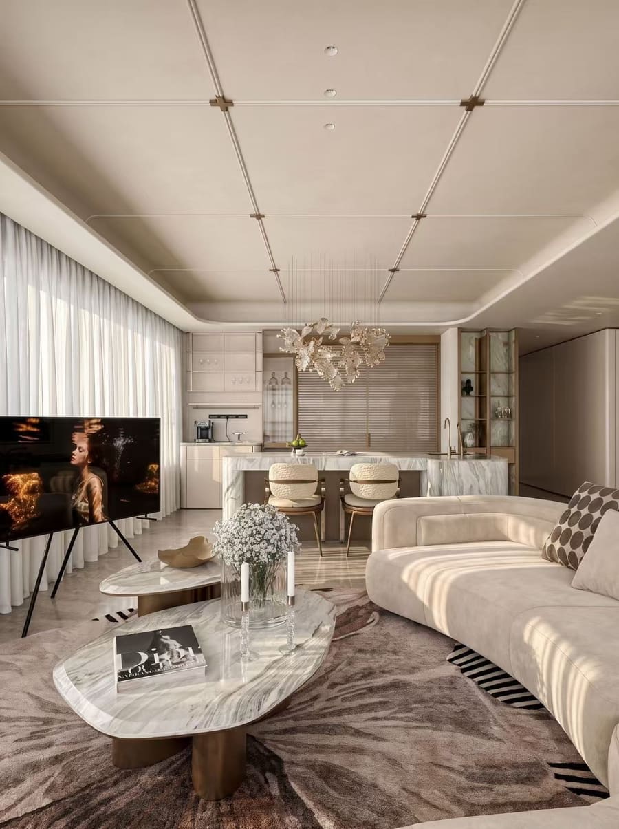 Contemporary Flat Living Room — Sculptural Lighting + Textured Layers